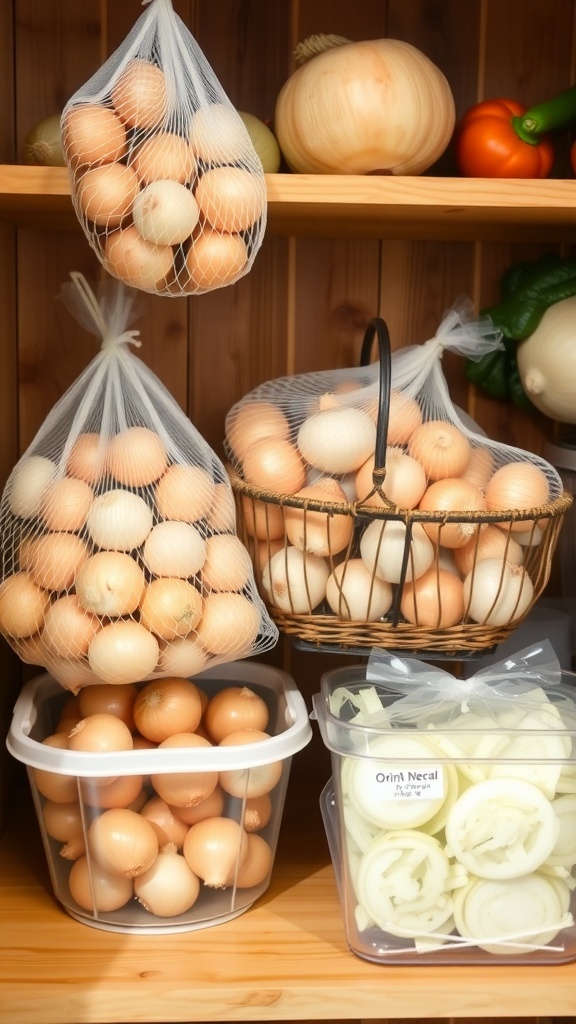 Pantry shelf with mesh bags of whole onions, a basket, and a container of cut onions.